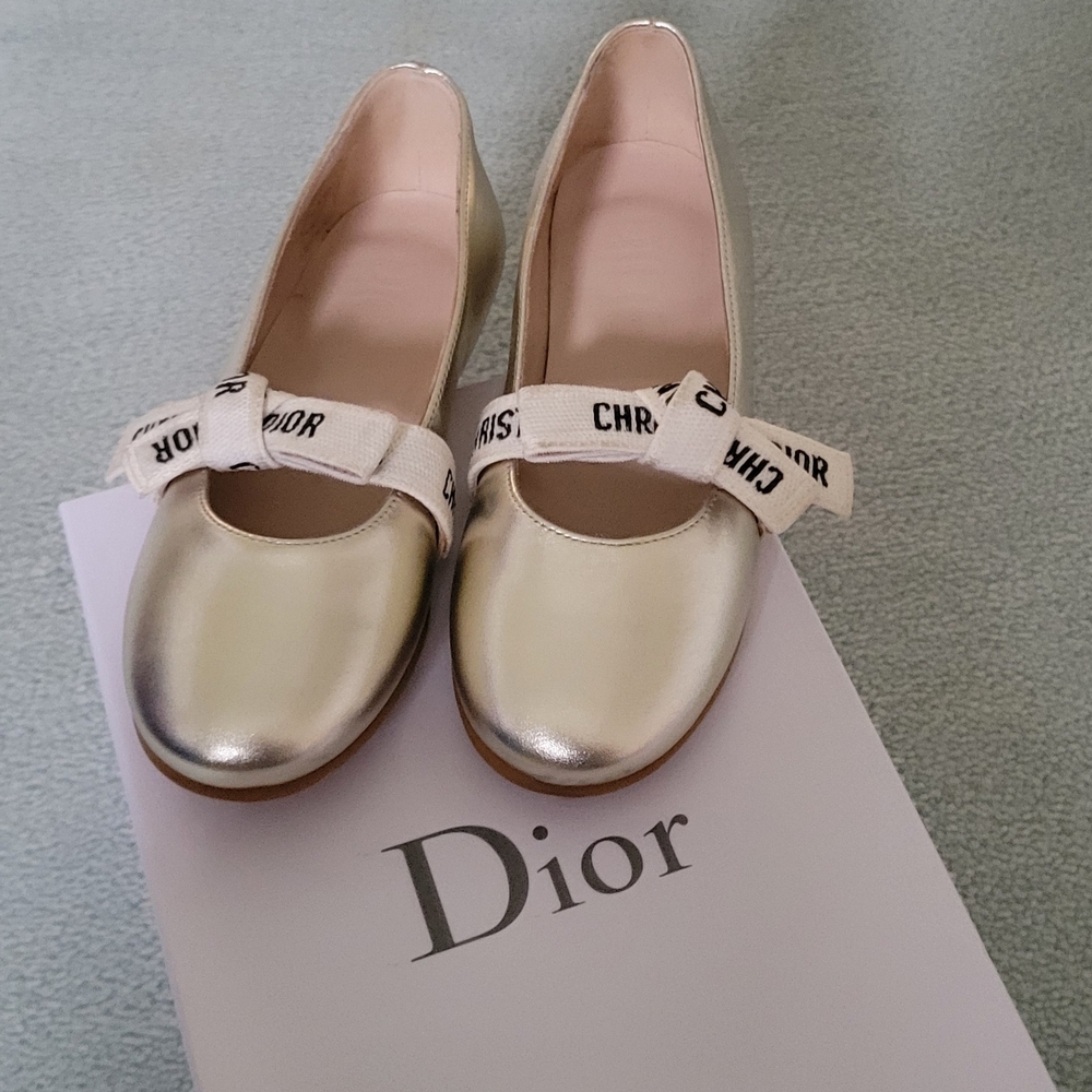 Dior Metallic Gold Flats with Bow Accent
